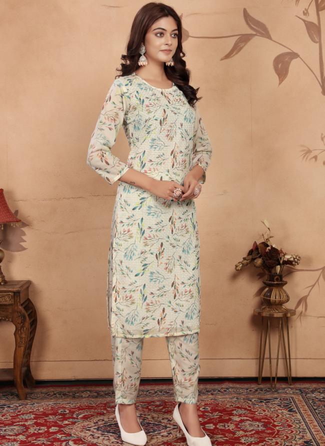 Cotton Beige Traditional Wear Printed Readymade Kurti With Bottom